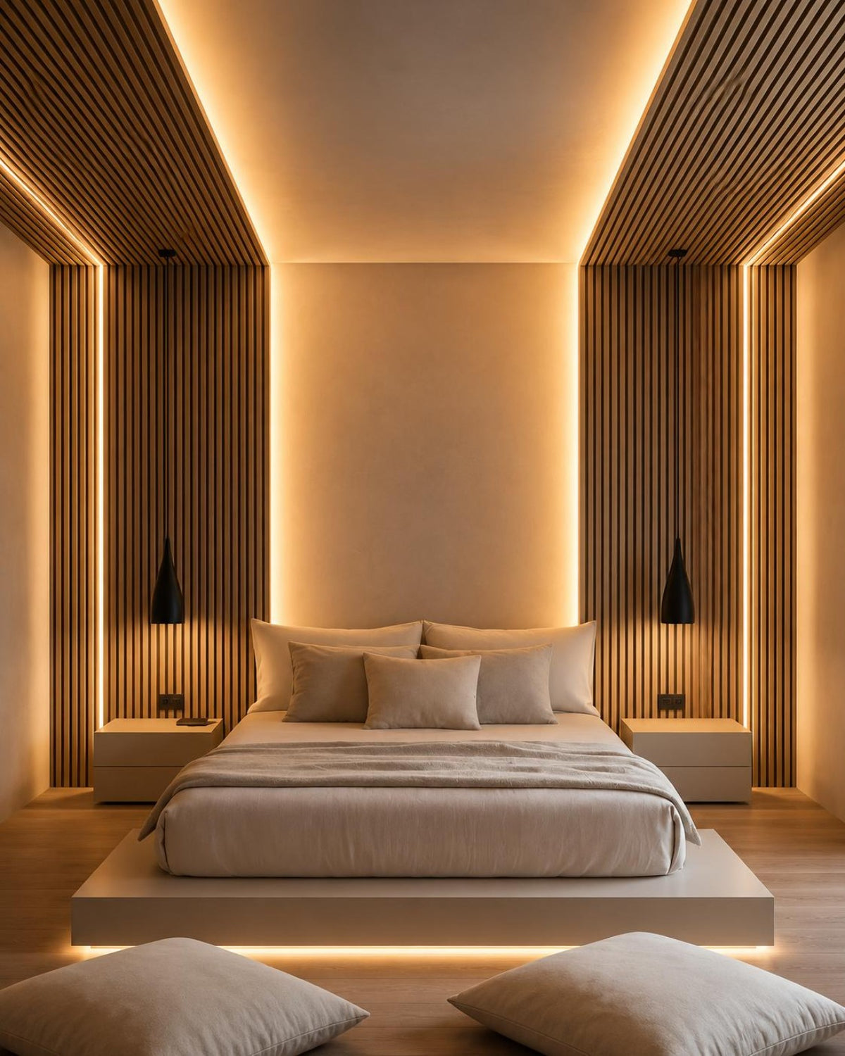 Render camera matrimoniale con illuminazione lineare Zagara Via Roma